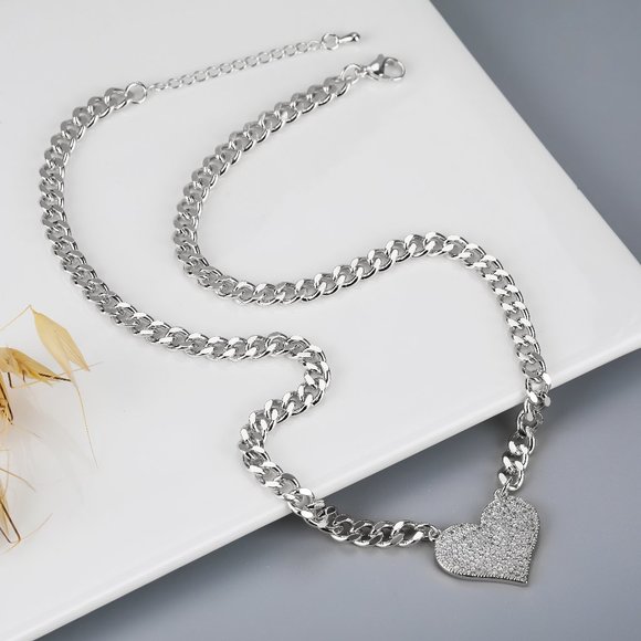 White Gold Plated Micro Pave Heart, CZ Cubic Zirconia Cuban Link Necklace - Picture 2 of 4